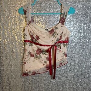 SHEIN Floral Blouse with Red Ribbon
